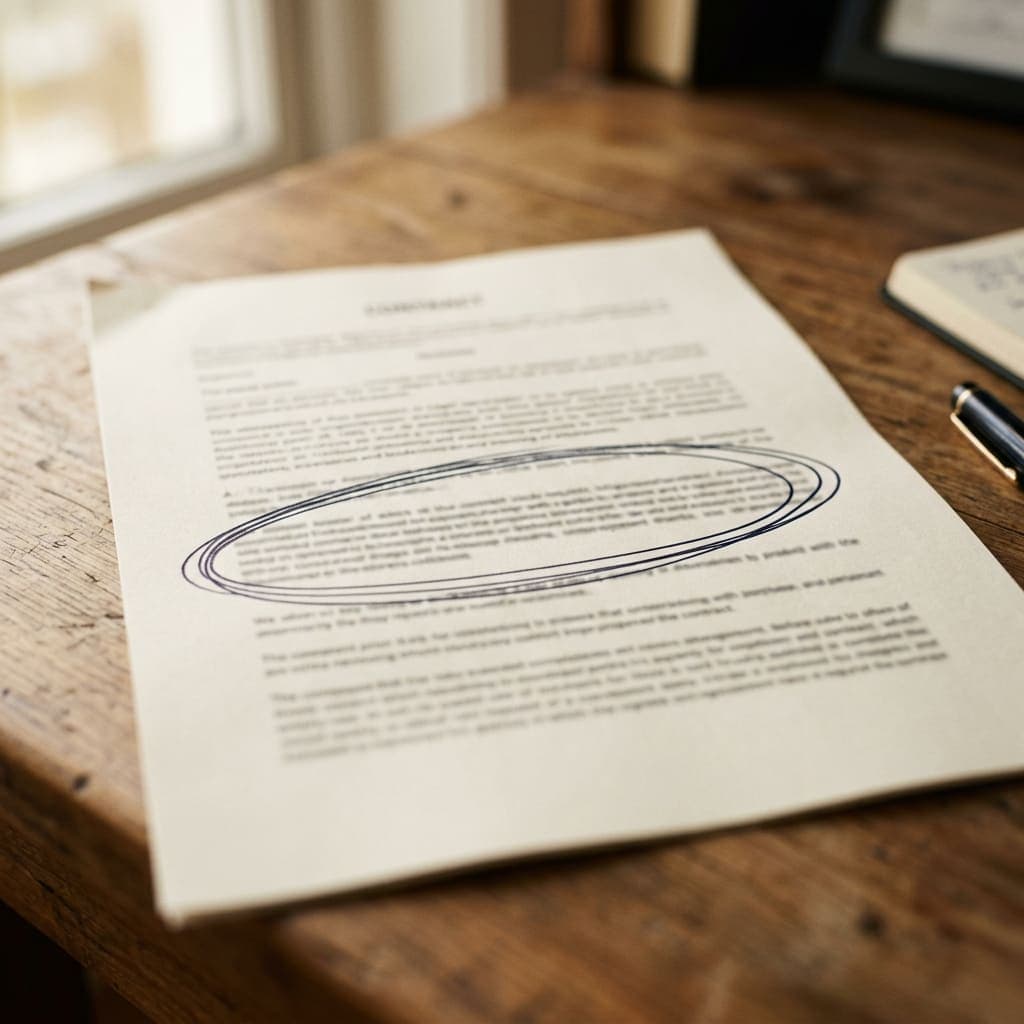 Contrat imprimé posé sur une table en bois, un paragraphe entouré au stylo