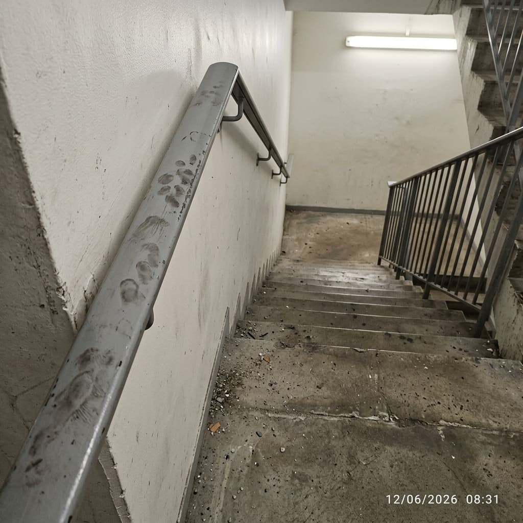 Escalier du bâtiment A — angles de marches encrassés, main courante non essuyée