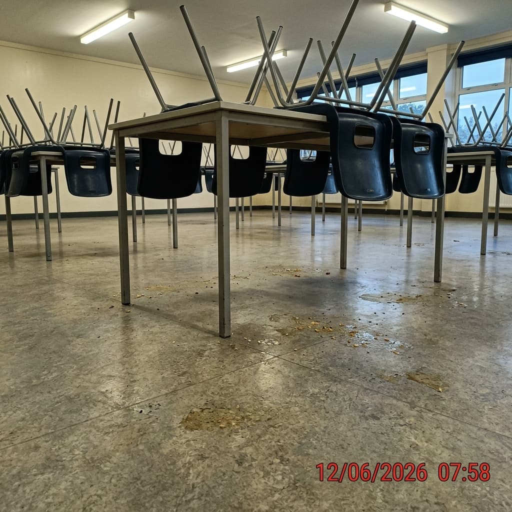 Réfectoire scolaire — résidus sous les tables après prestation facturée