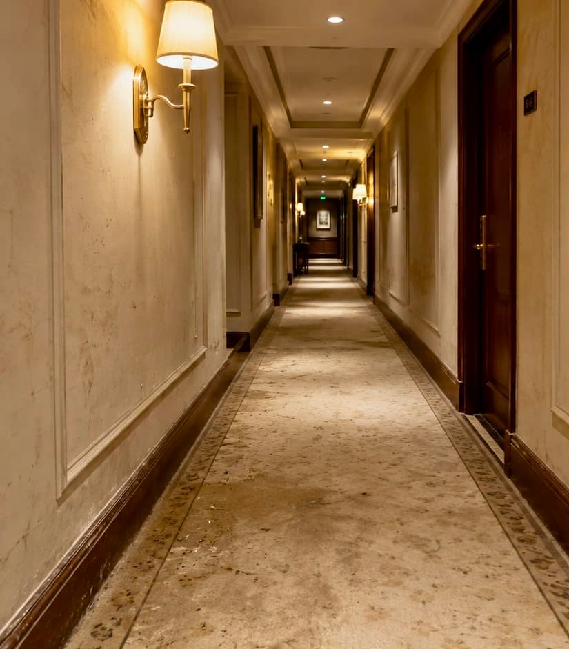 Couloir d'hôtel avant audit — moquette tachée et bas de murs encrassés en zones de passage