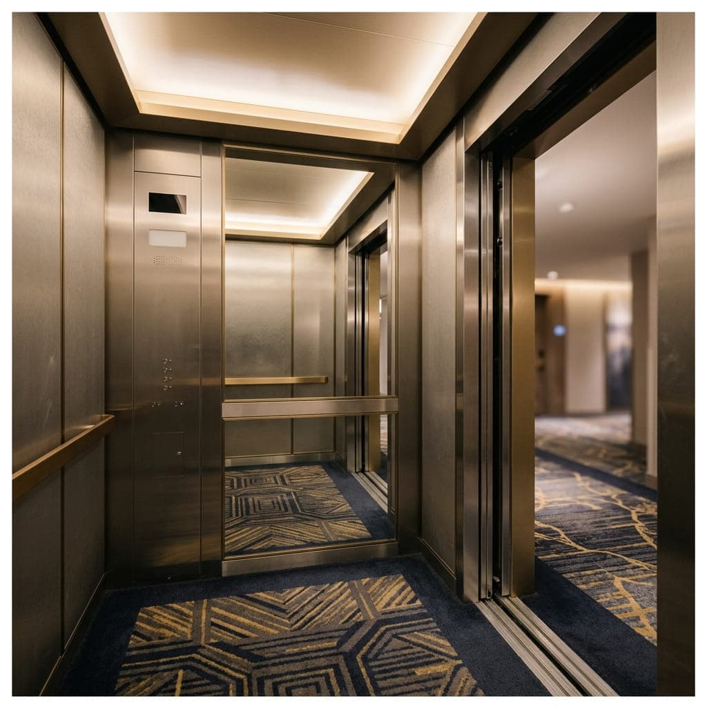 Cabine d'ascenseur d'hôtel en laiton brossé, portes ouvertes sur un couloir moquetté