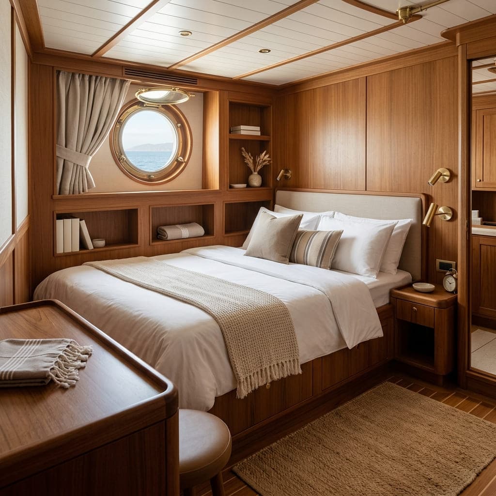 Cabine d'invités d'un yacht avec literie blanche, boiseries et hublot en laiton