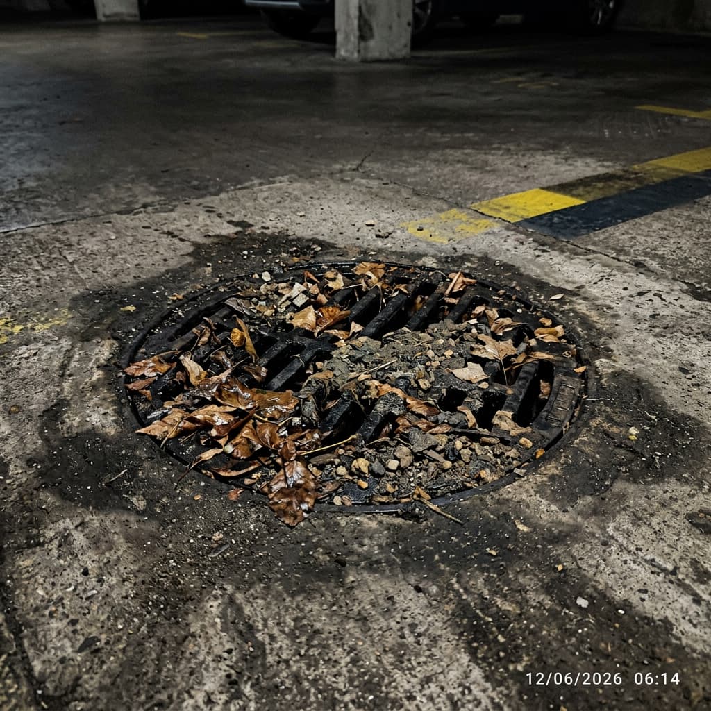 Avaloir du niveau -2 — grille obstruée, risque de stagnation d'eau