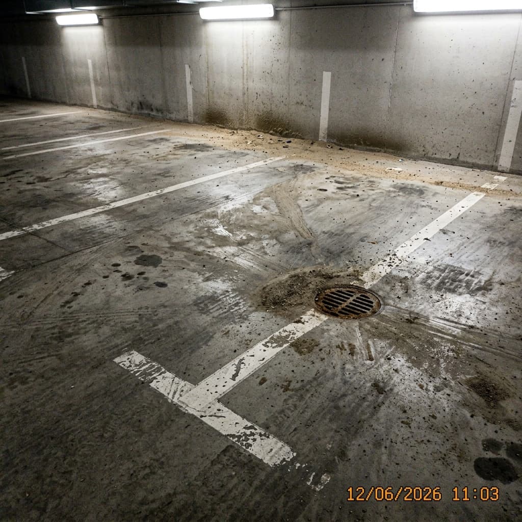 Marquages au sol et avaloirs de parking encrassés — risque de stagnation