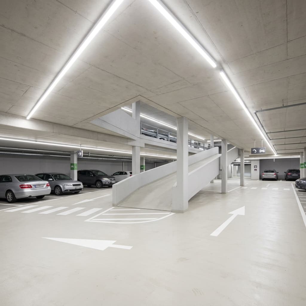 Parking commercial de plusieurs niveaux — rampe centrale et marquages directionnels