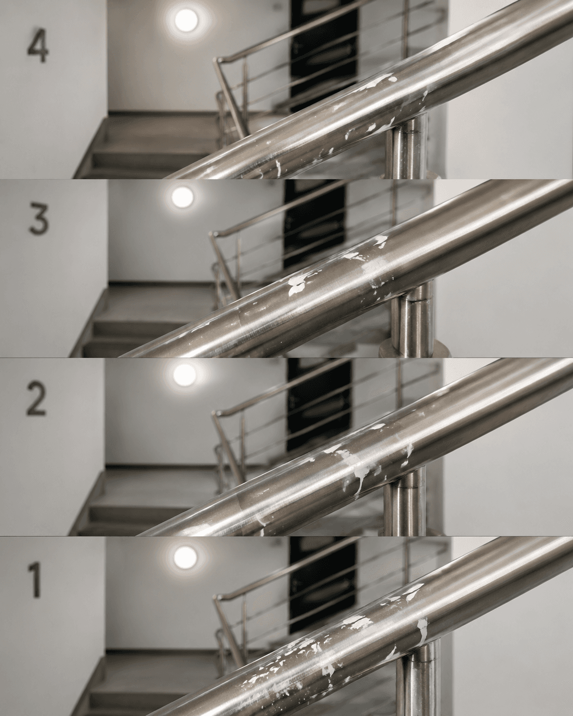Non-conformité documentée — cage d'escalier B — rampe inox
