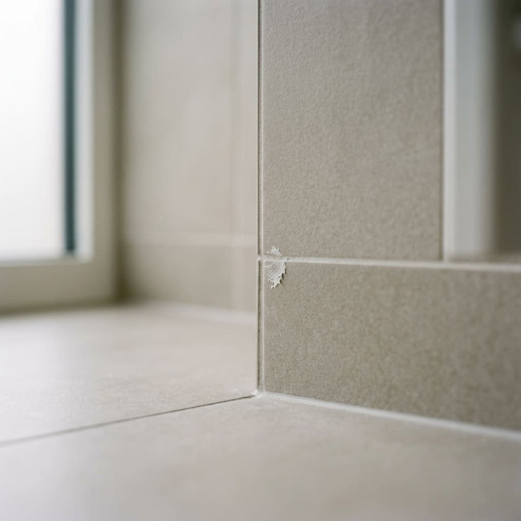 Résidu blanc de finition visible sur un joint de carrelage, en gros plan