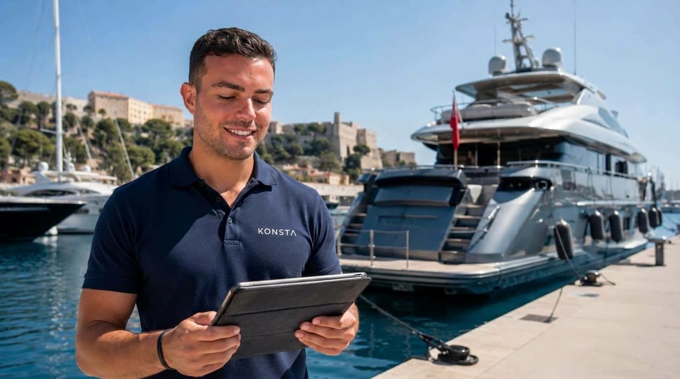 Konsta auditor on the quay at the start of the audit — first visual contact with the yacht