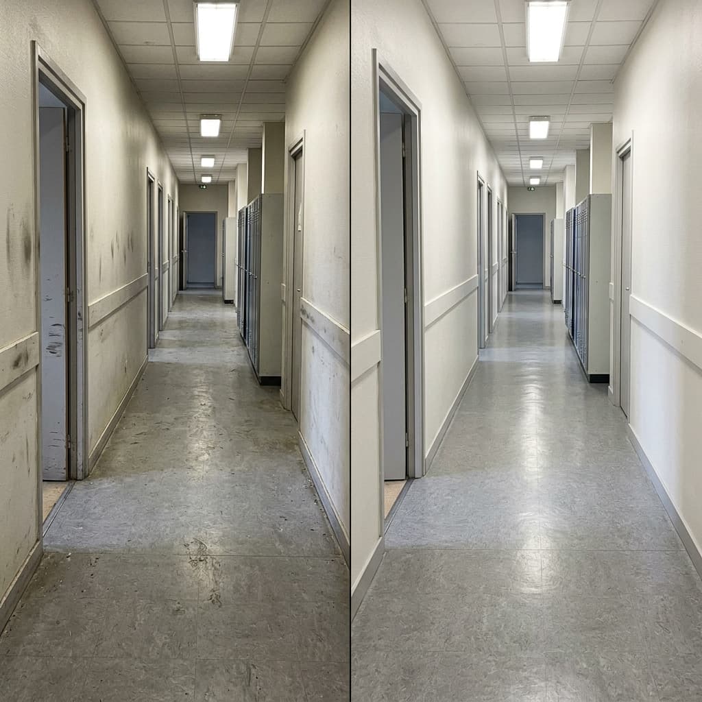 Couloir d'école avant et après recadrage documenté du titulaire du marché de nettoyage