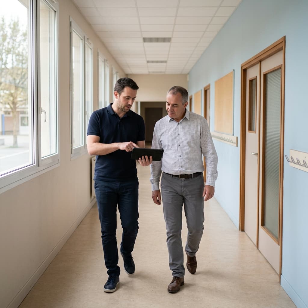 Auditeur CertiClean et responsable des services techniques en revue de suivi dans un couloir d'école
