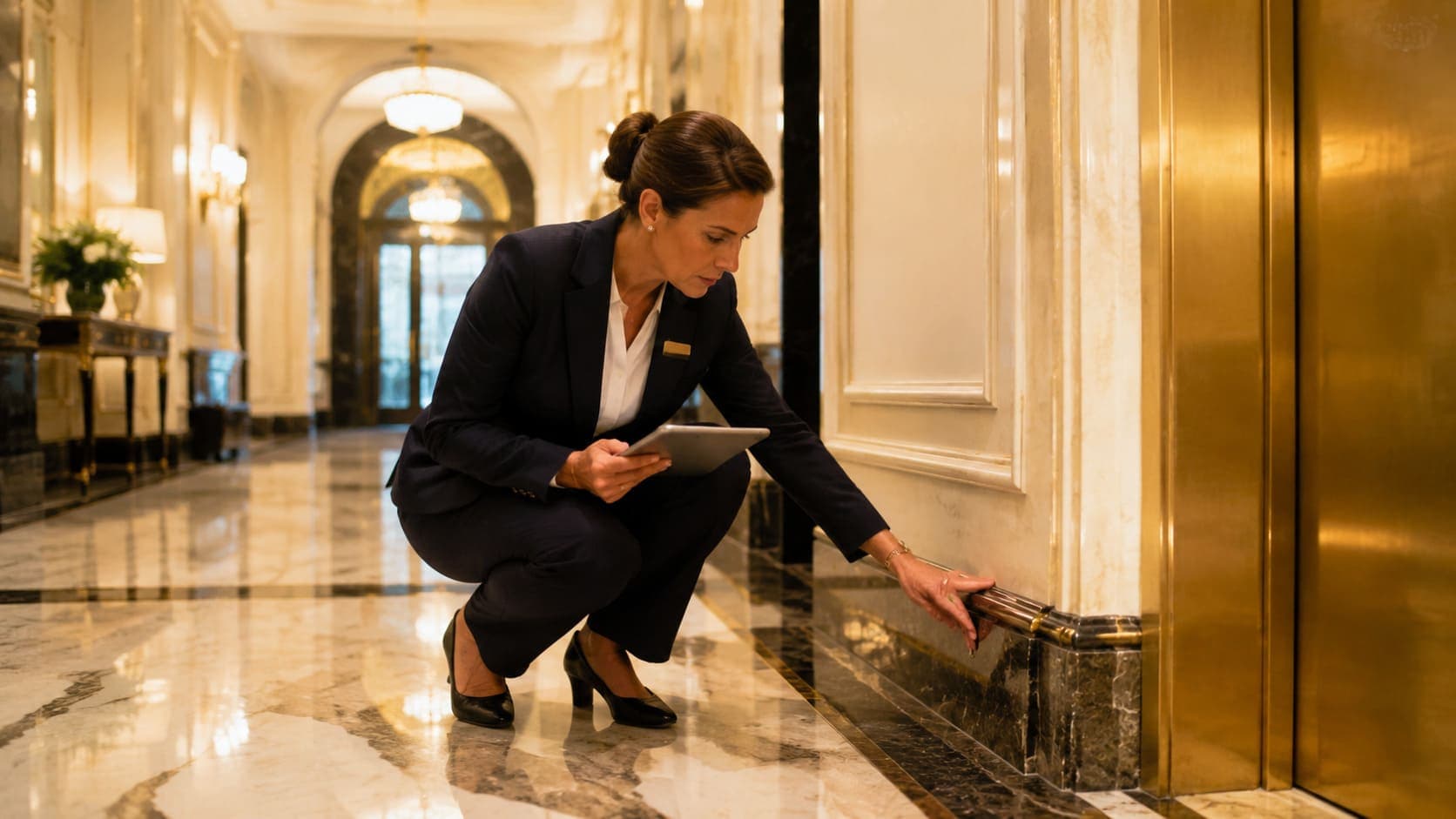 Auditeur CertiClean en inspection des parties communes d'un hôtel premium sur la Côte d'Azur