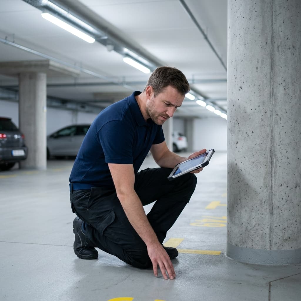 Auditeur CertiClean accroupi examinant l'état du sol d'un parking souterrain, tablette en main