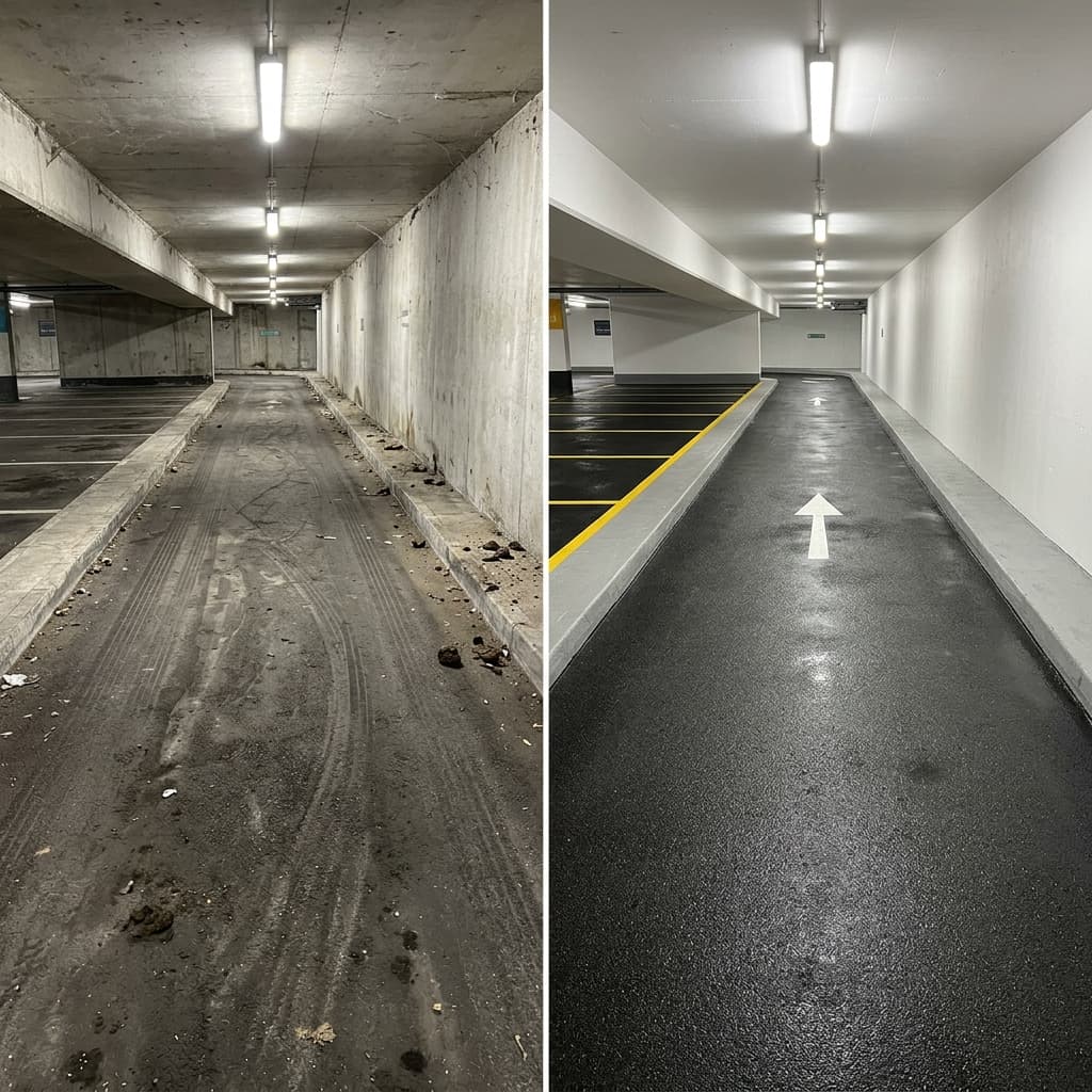 Allée de parking niveau -1 avant et après grand nettoyage mécanisé contrôlé