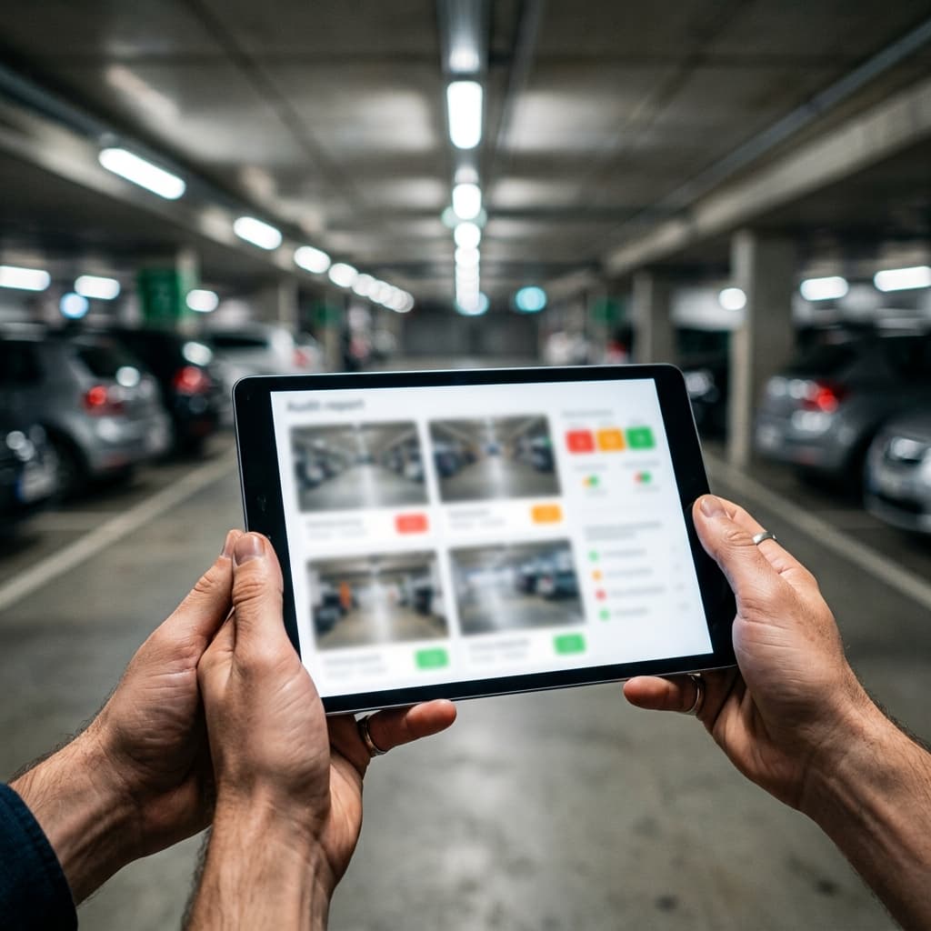 Rapport d'audit consulté sur tablette dans le parking — scores et photos par zone
