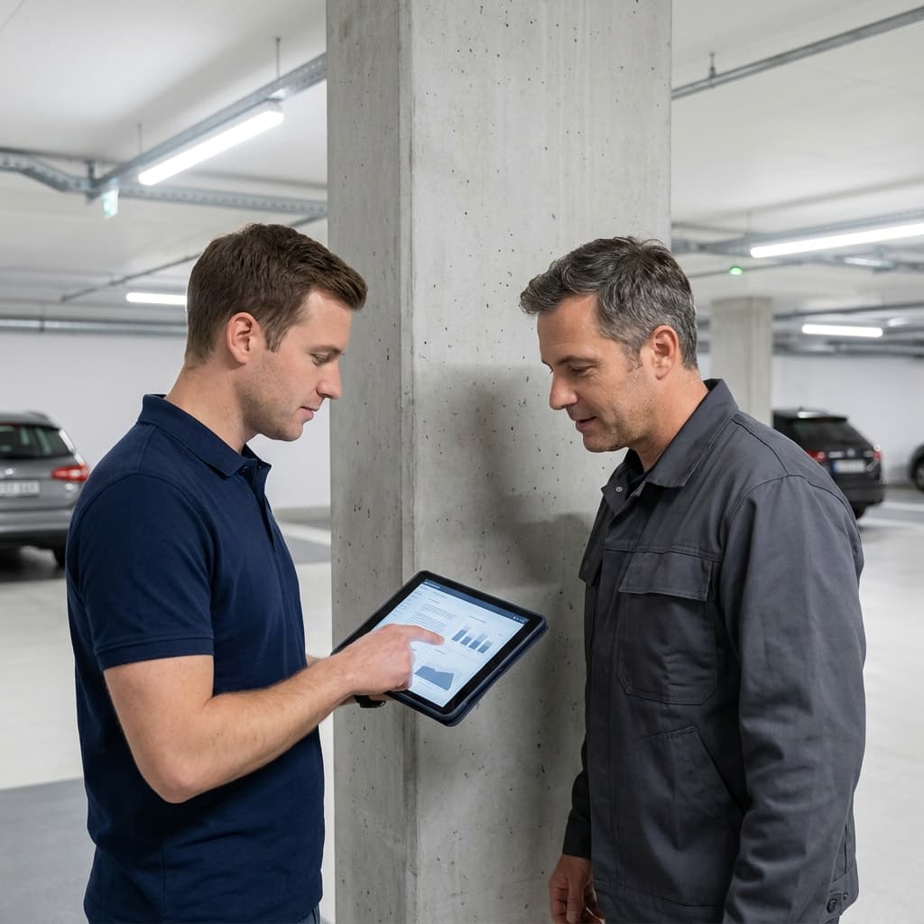 Point de suivi entre l'auditeur CertiClean et le responsable du prestataire dans le parking