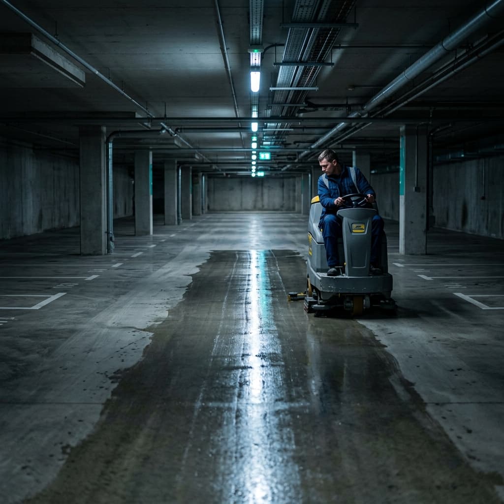 Grand nettoyage mécanisé nocturne d'un parking contrôlé par CertiClean
