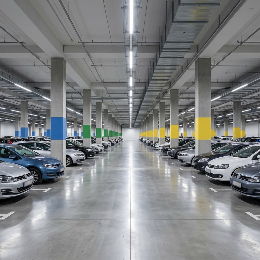 Grand parking de centre commercial — rangées denses, piliers à code couleur