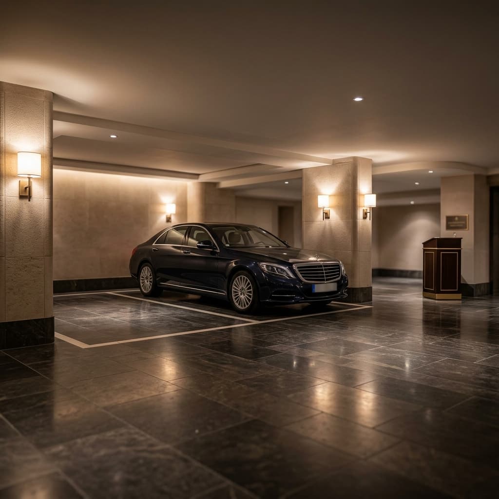 Parking privatif d'un hôtel de luxe — berline garée près du pupitre voiturier