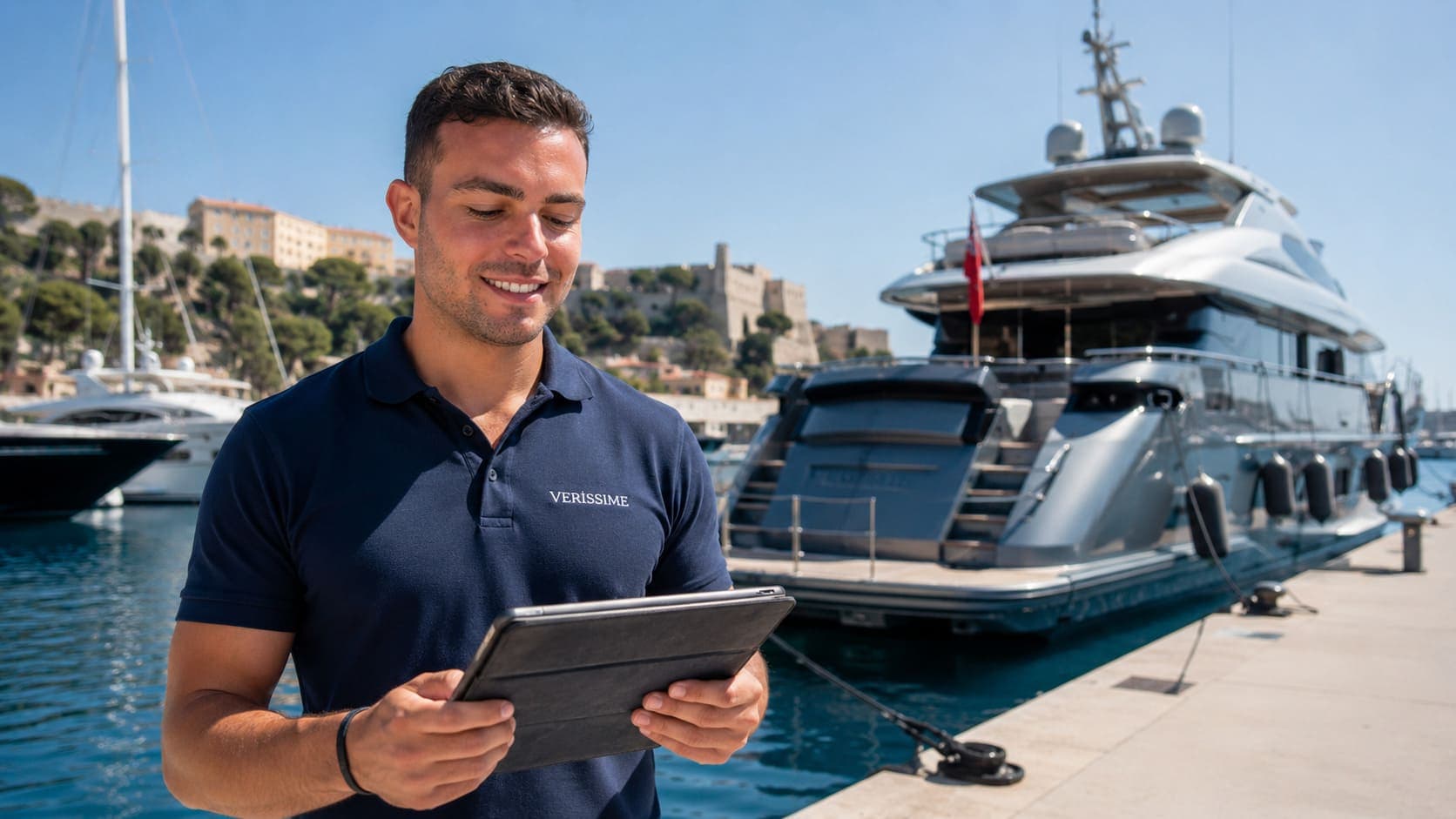 Auditeur CertiClean sur le quai au début de l'audit — premier contact visuel avec le yacht